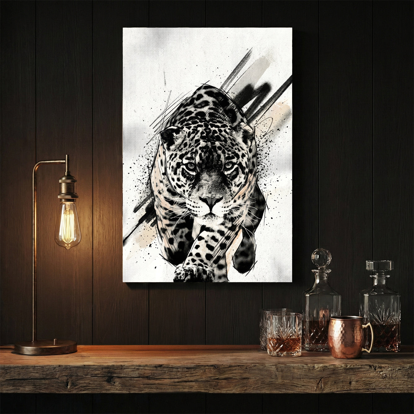 Black and white leopard street art wall art with gestural ink marks.