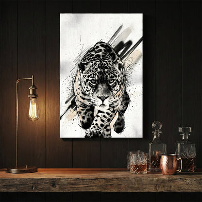 Black and white leopard street art wall art with gestural ink marks.