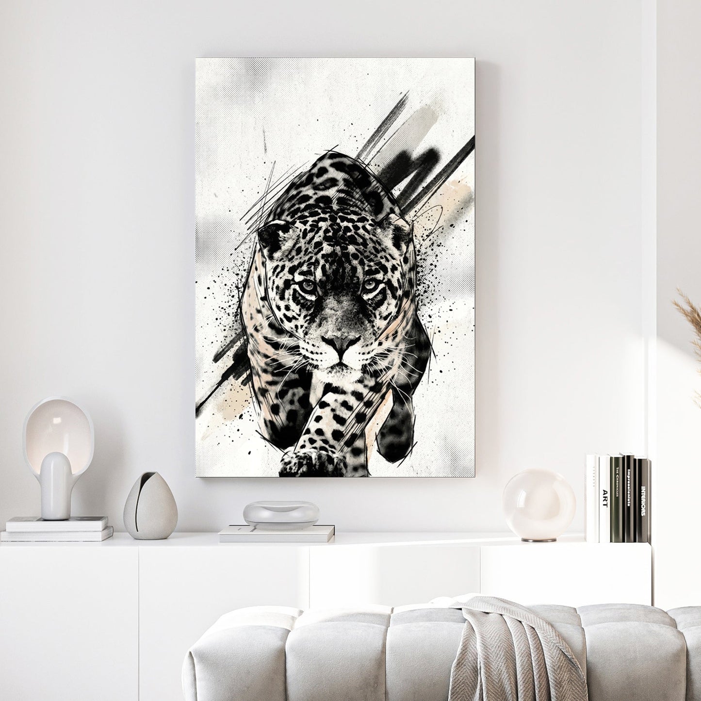 Black and white leopard street art wall art with gestural ink marks.