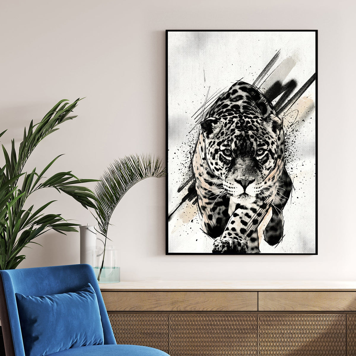 Black and white leopard street art wall art with gestural ink marks.