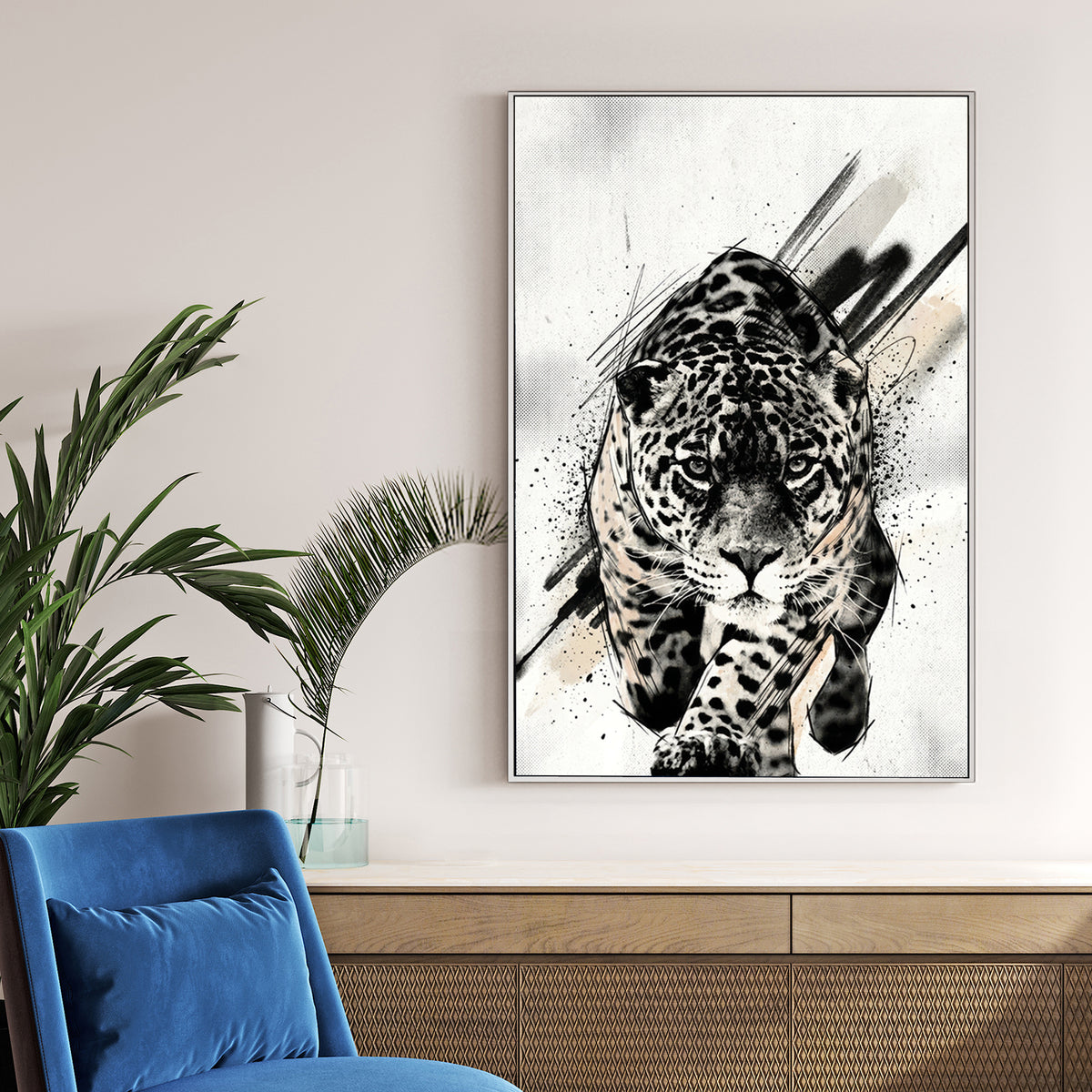Black and white leopard street art wall art with gestural ink marks.