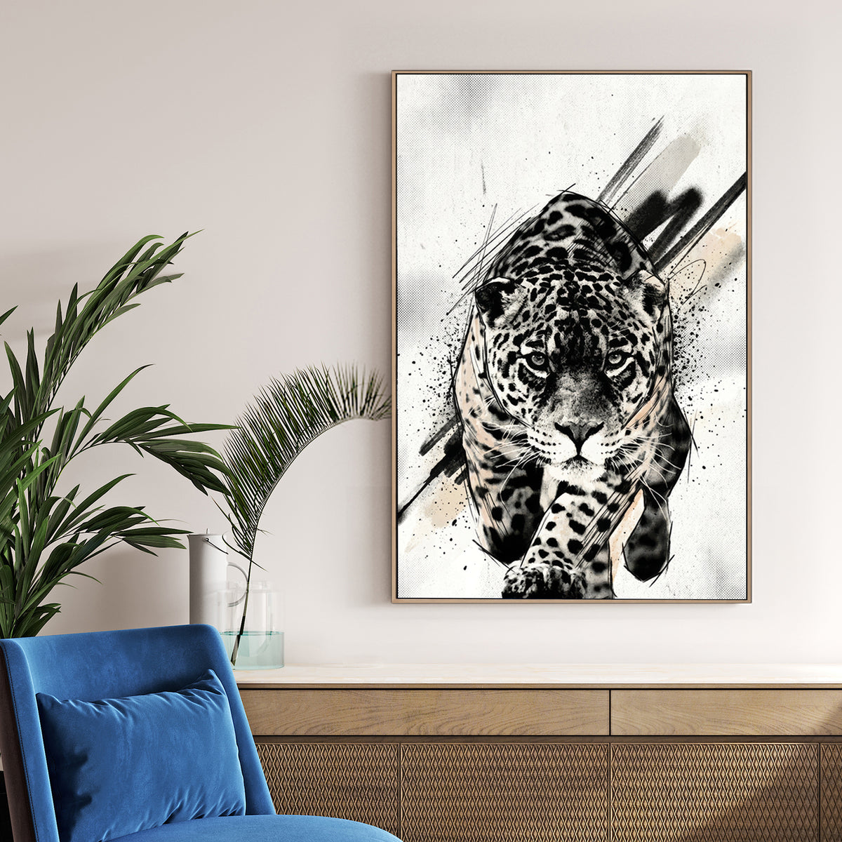 Black and white leopard street art wall art with gestural ink marks.