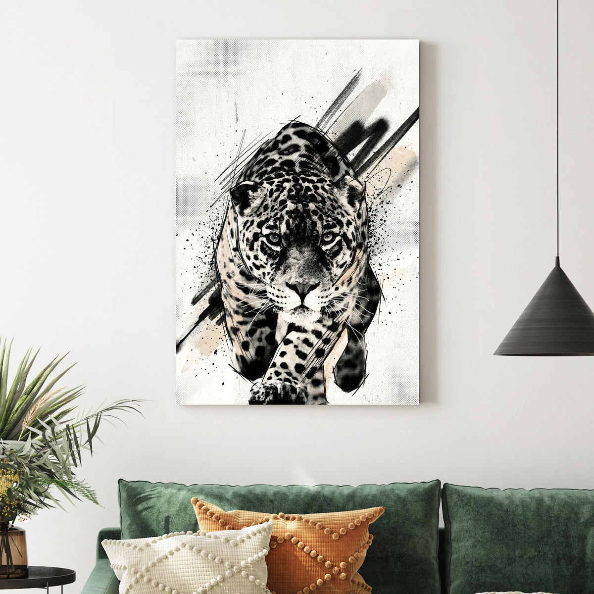 Black and white leopard street art wall art with gestural ink marks.