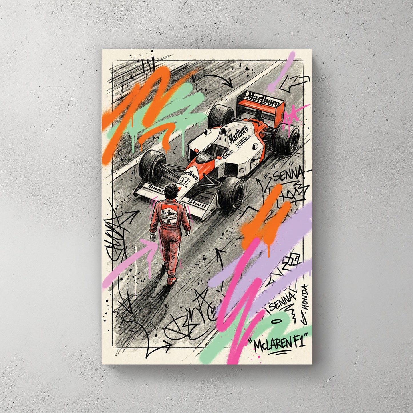 Ayrton Senna and McLaren Honda F1 car street art wall art with neon graffiti.