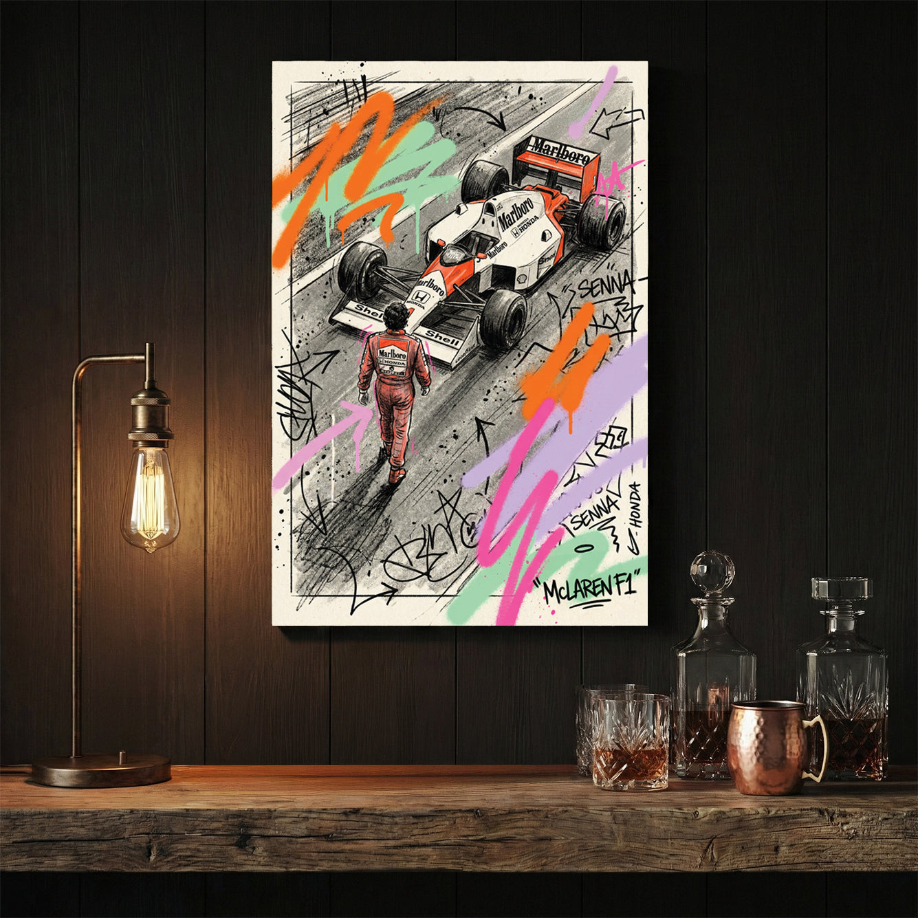 Ayrton Senna and McLaren Honda F1 car street art wall art with neon graffiti.