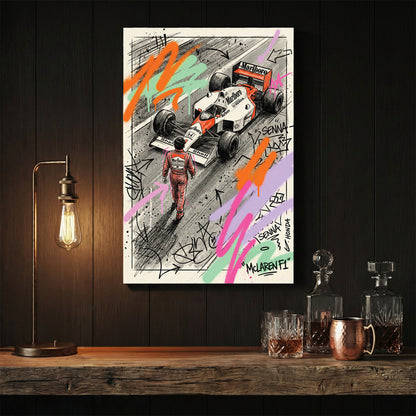 Ayrton Senna and McLaren Honda F1 car street art wall art with neon graffiti.