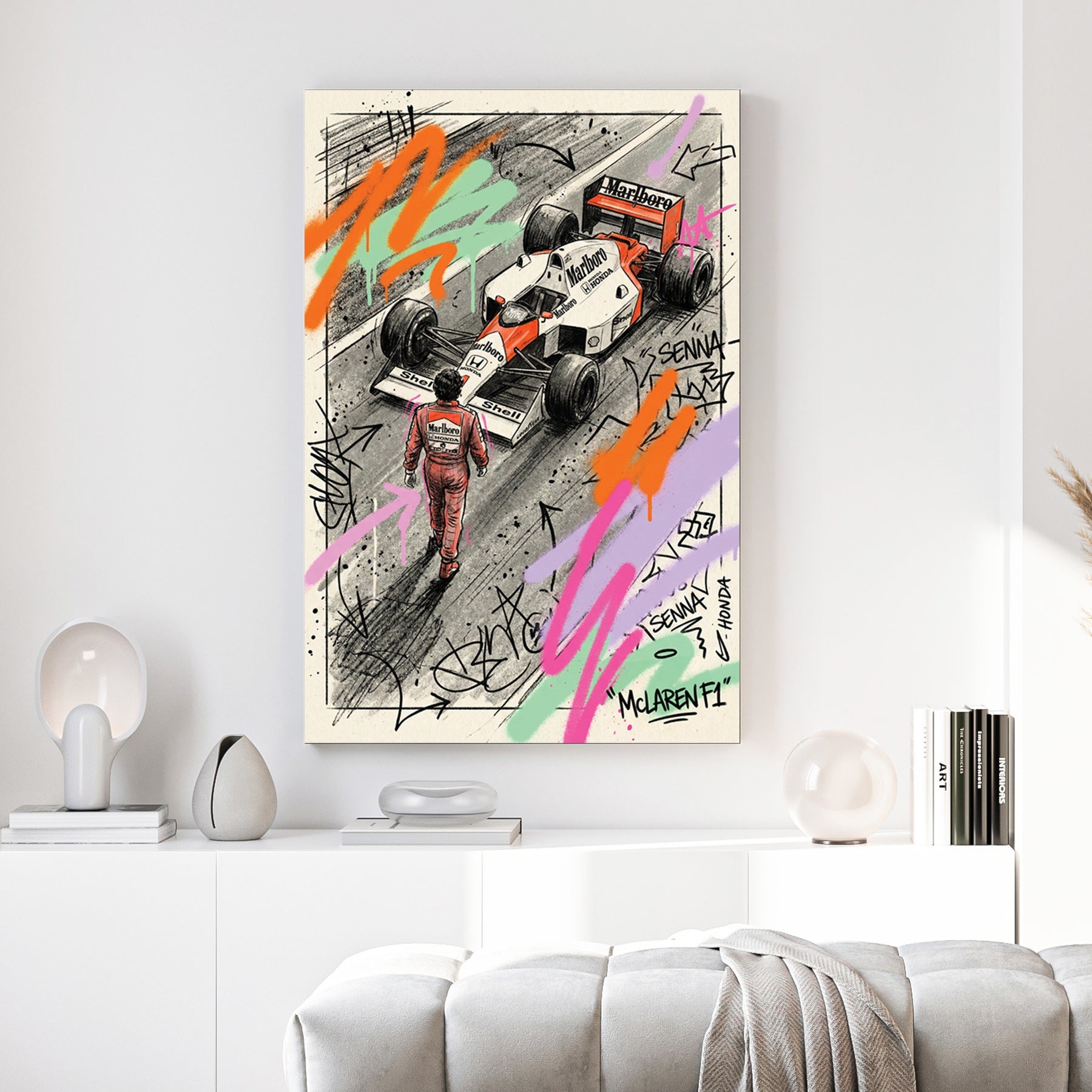 Ayrton Senna and McLaren Honda F1 car street art wall art with neon graffiti.