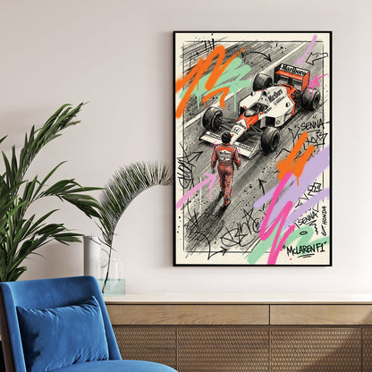 Ayrton Senna and McLaren Honda F1 car street art wall art with neon graffiti.