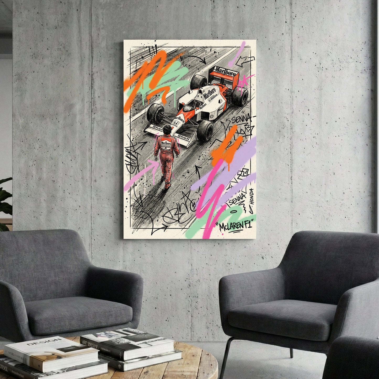 Ayrton Senna and McLaren Honda F1 car street art wall art with neon graffiti.