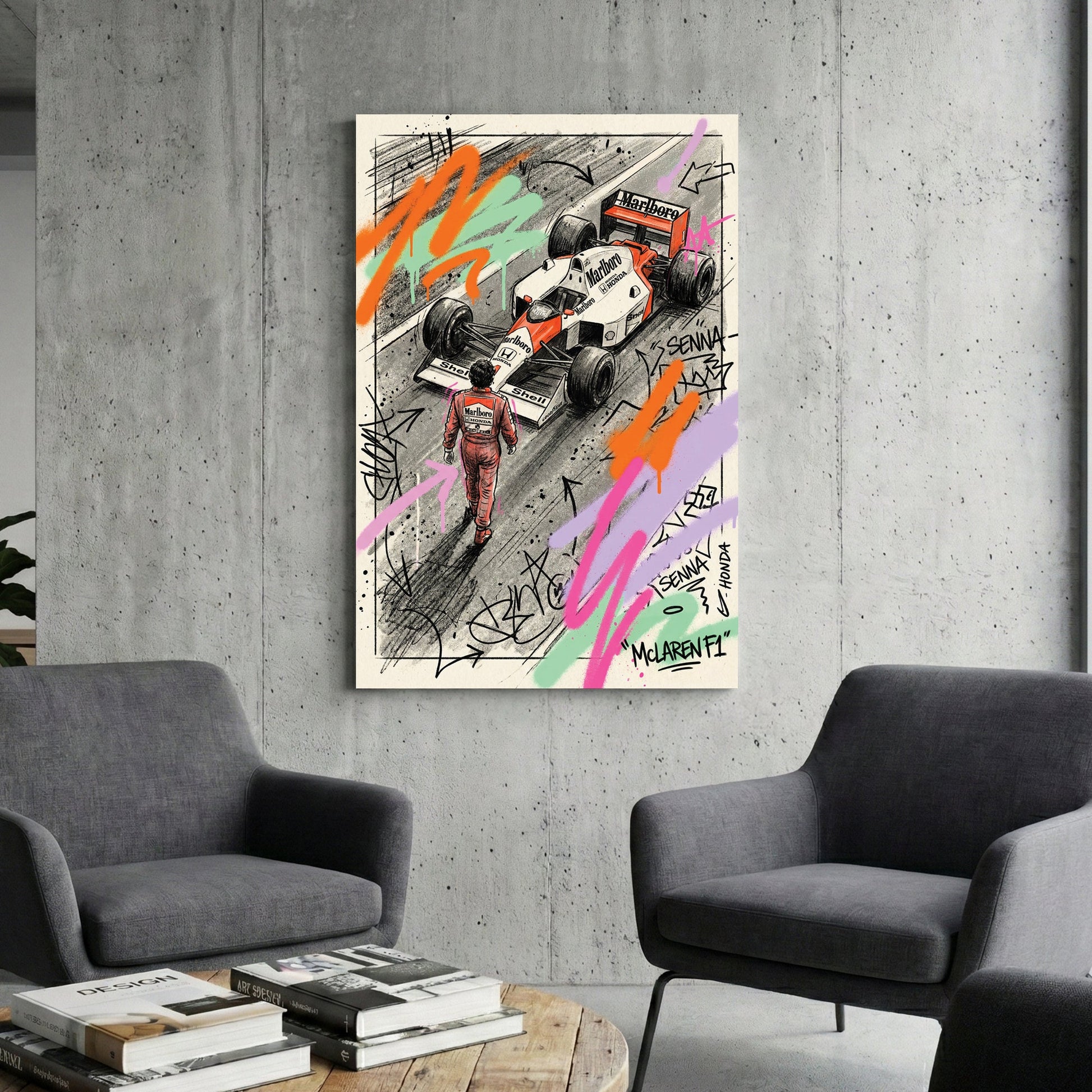 Ayrton Senna and McLaren Honda F1 car street art wall art with neon graffiti.