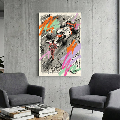 Ayrton Senna and McLaren Honda F1 car street art wall art with neon graffiti.