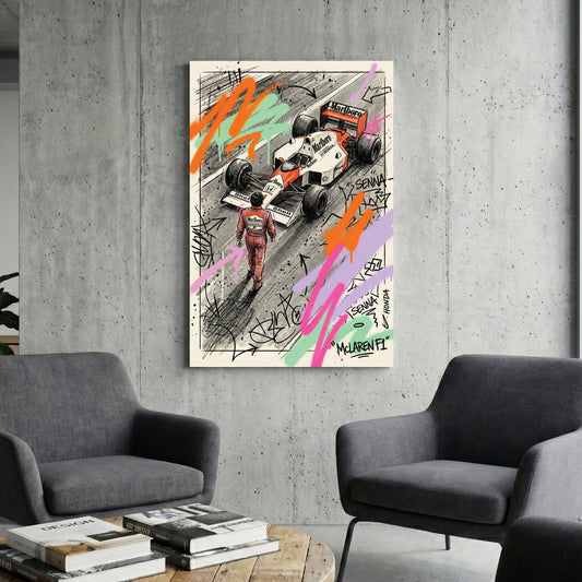Ayrton Senna and McLaren Honda F1 car street art wall art with neon graffiti.