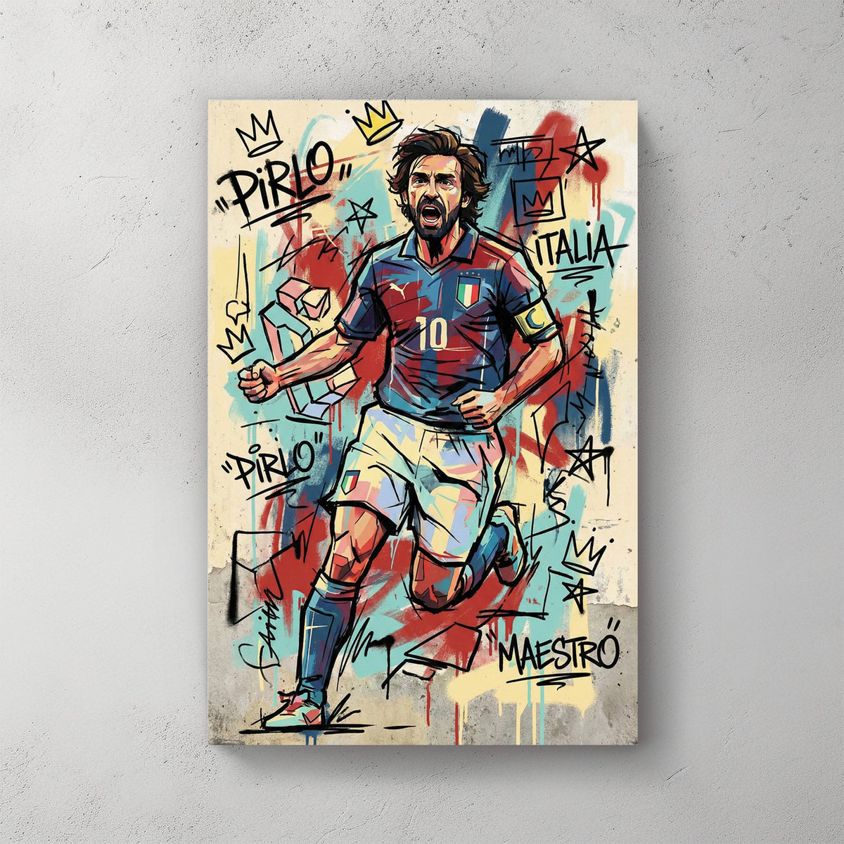 Andrea Pirlo Italy national team street art wall art with graffiti crowns