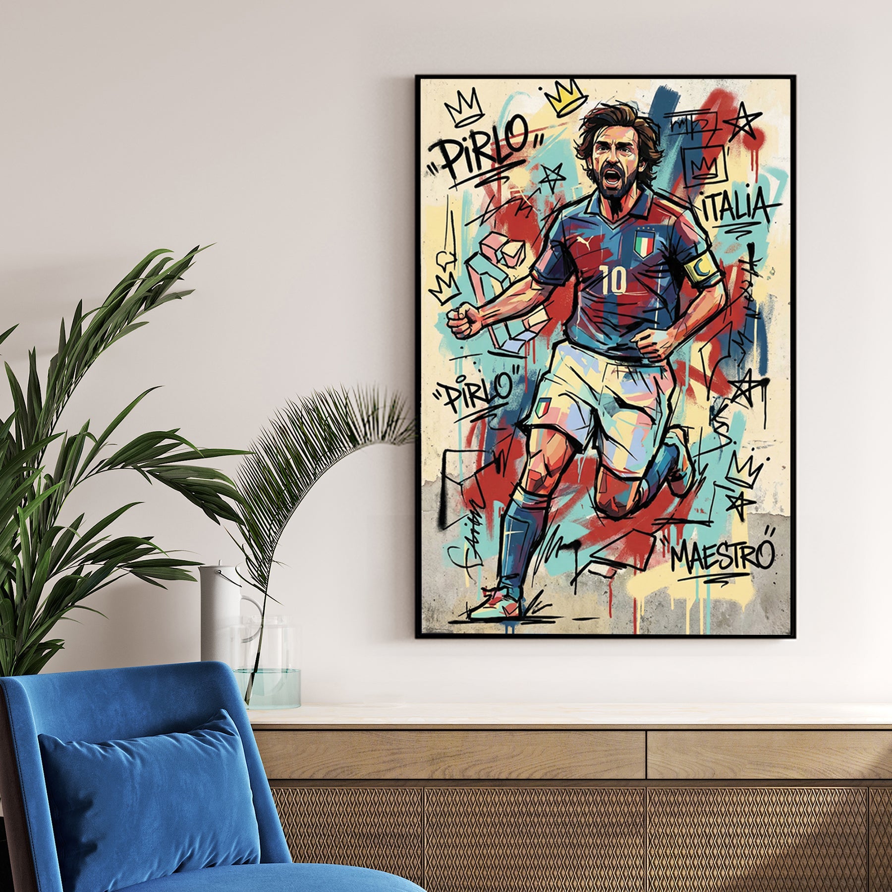 Andrea Pirlo Italy national team street art wall art with graffiti crowns