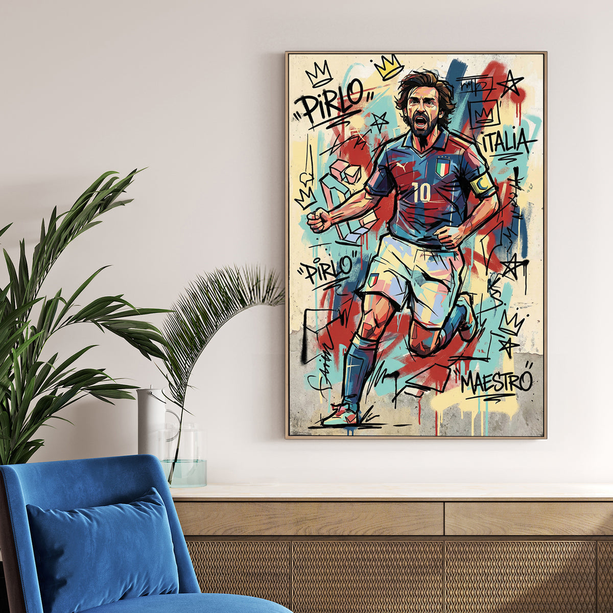 Andrea Pirlo Italy national team street art wall art with graffiti crowns