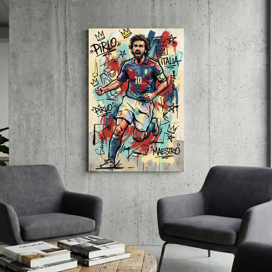 Andrea Pirlo Italy national team street art wall art with graffiti crowns