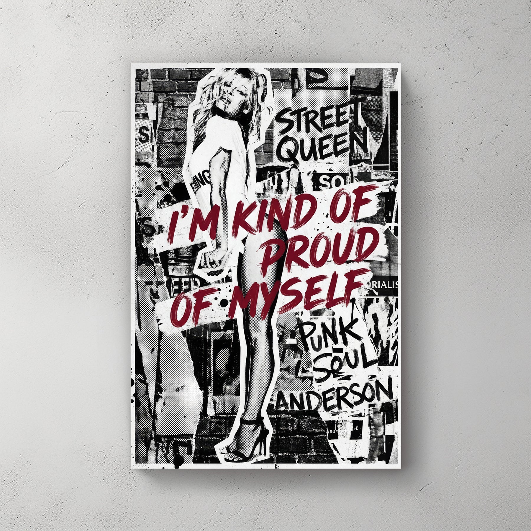 Pamela Anderson street art wall art with bold red typography and monochrome collage layers.