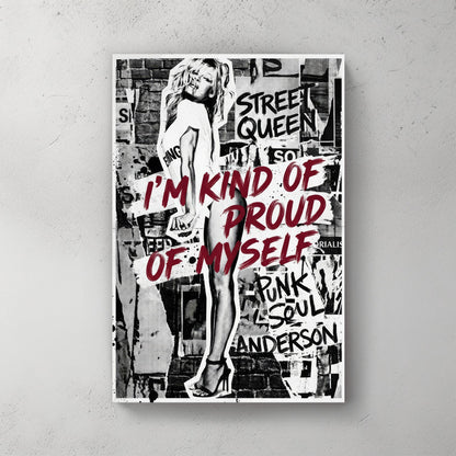 Pamela Anderson street art wall art with bold red typography and monochrome collage layers.