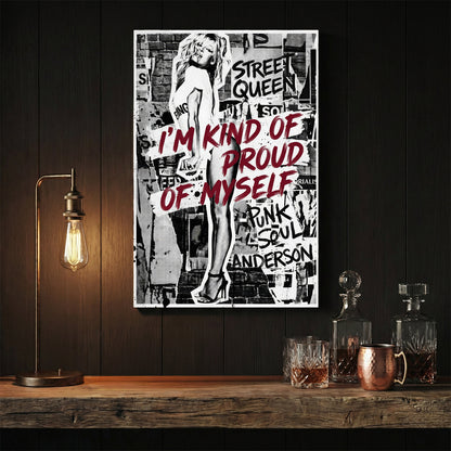 Pamela Anderson street art wall art with bold red typography and monochrome collage layers.