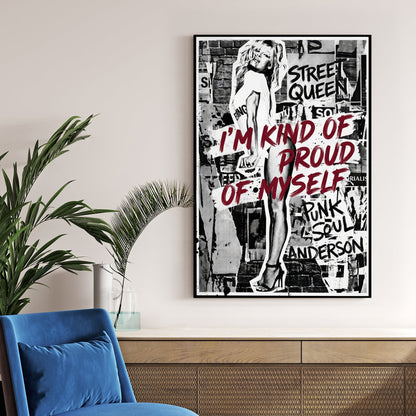 Pamela Anderson street art wall art with bold red typography and monochrome collage layers.
