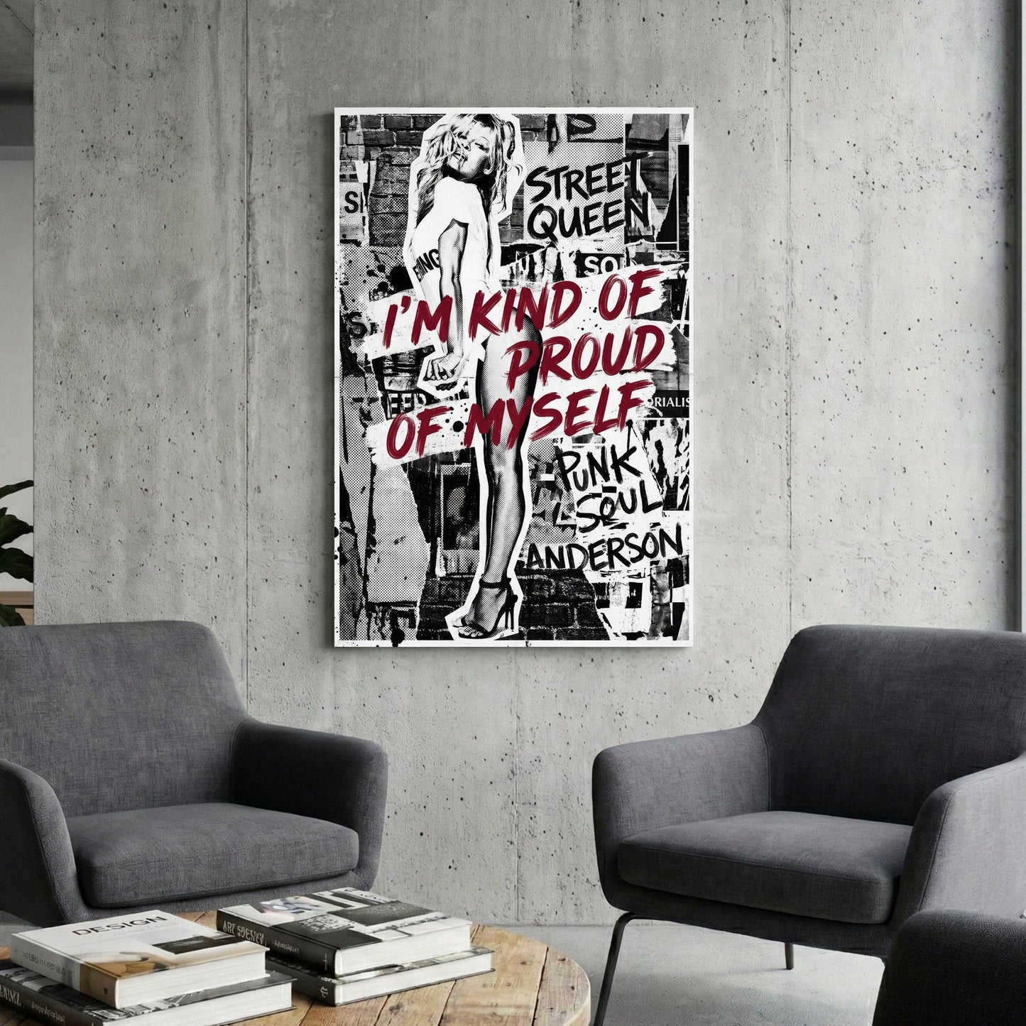 Pamela Anderson street art wall art with bold red typography and monochrome collage layers.