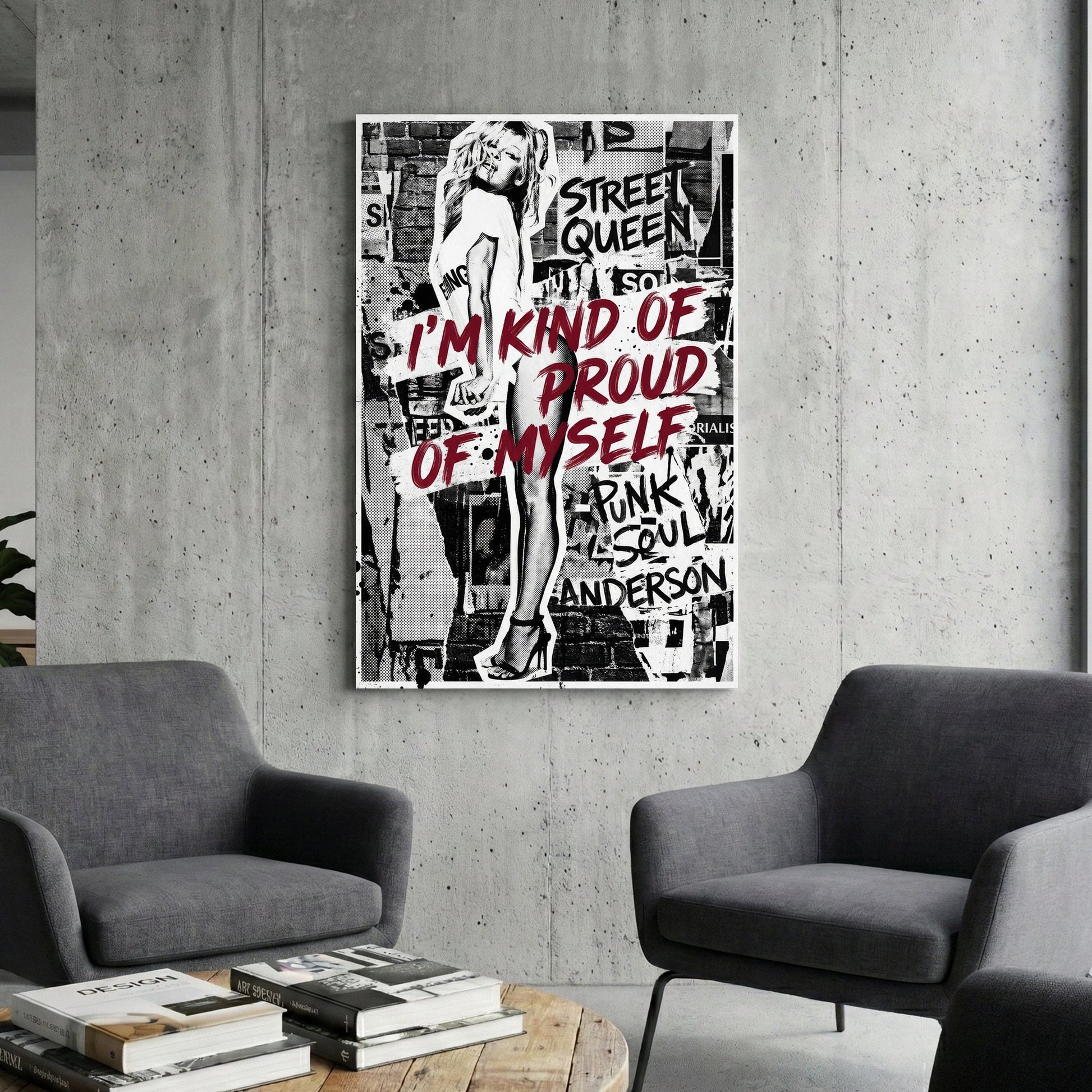 Pamela Anderson street art wall art with bold red typography and monochrome collage layers.