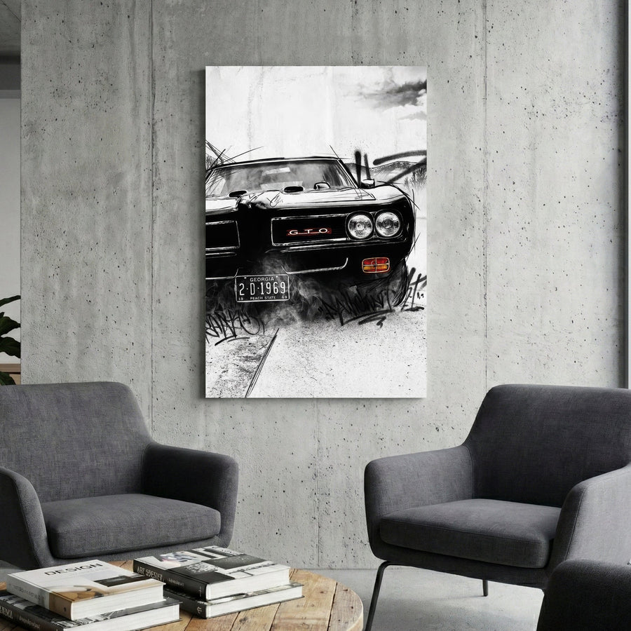 Black and white street art of a 1969 Pontiac GTO muscle car wall art.