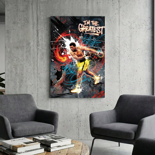Muhammad Ali I'm the Greatest street art wall art with yellow and blue graffiti accents.