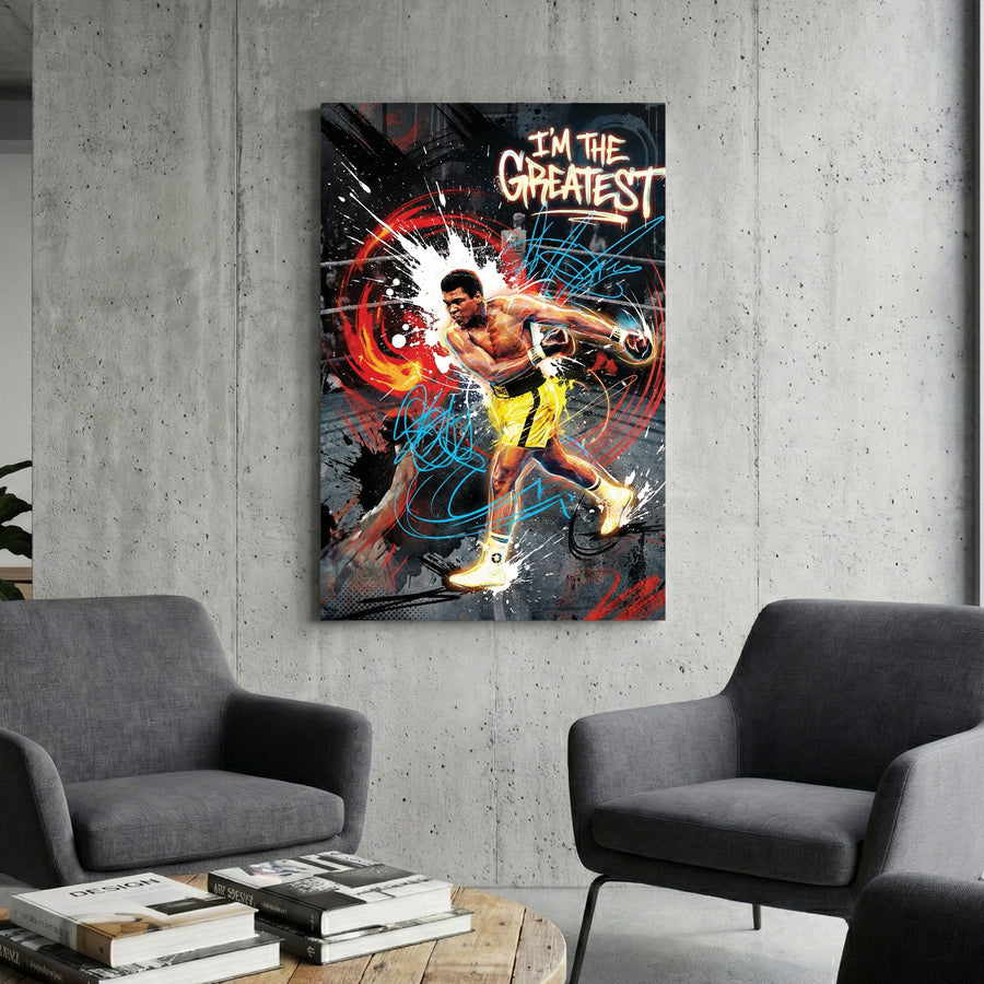 Muhammad Ali I'm the Greatest street art wall art with yellow and blue graffiti accents.