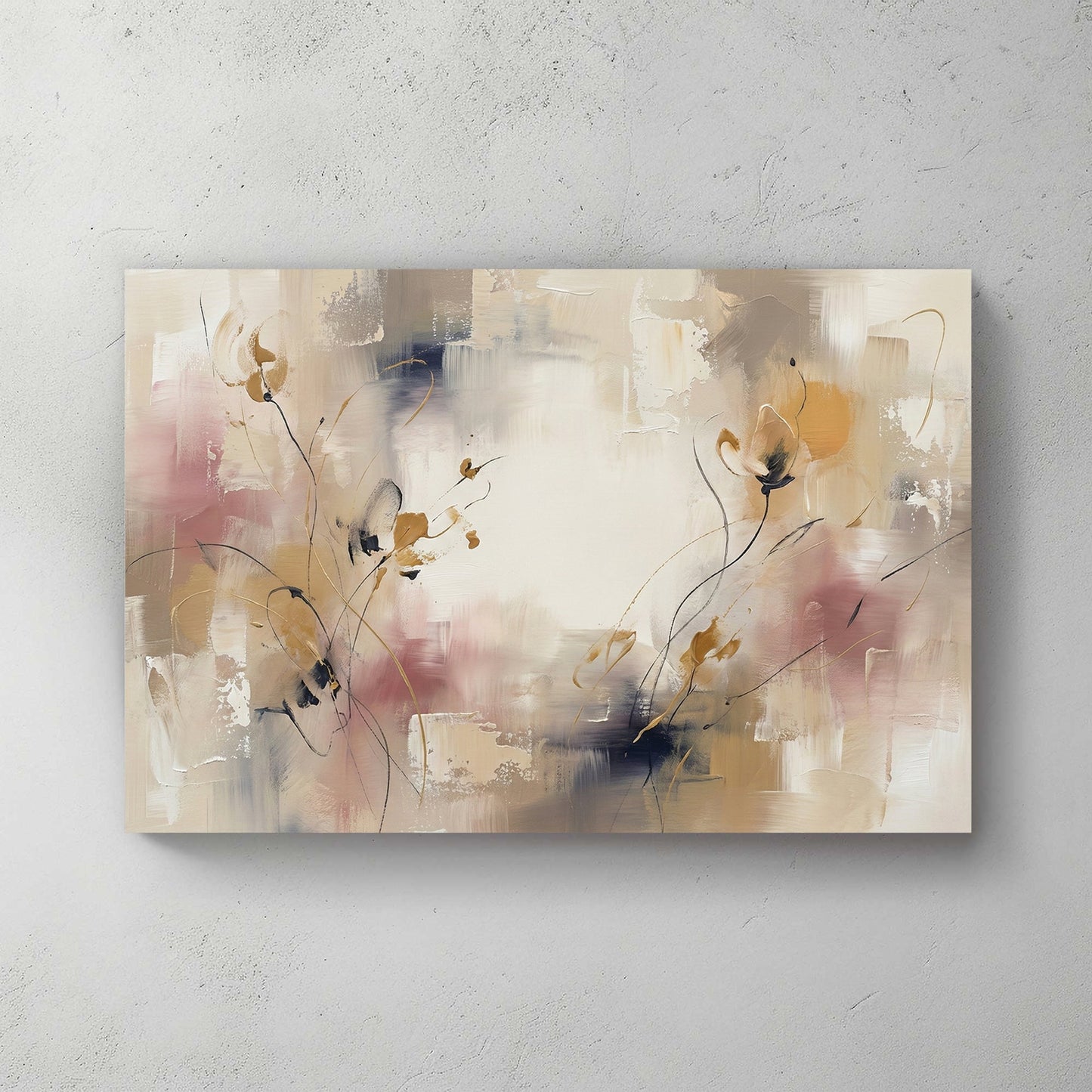 Abstract floral wall art with beige, pink, and neutral tones in a contemporary style.