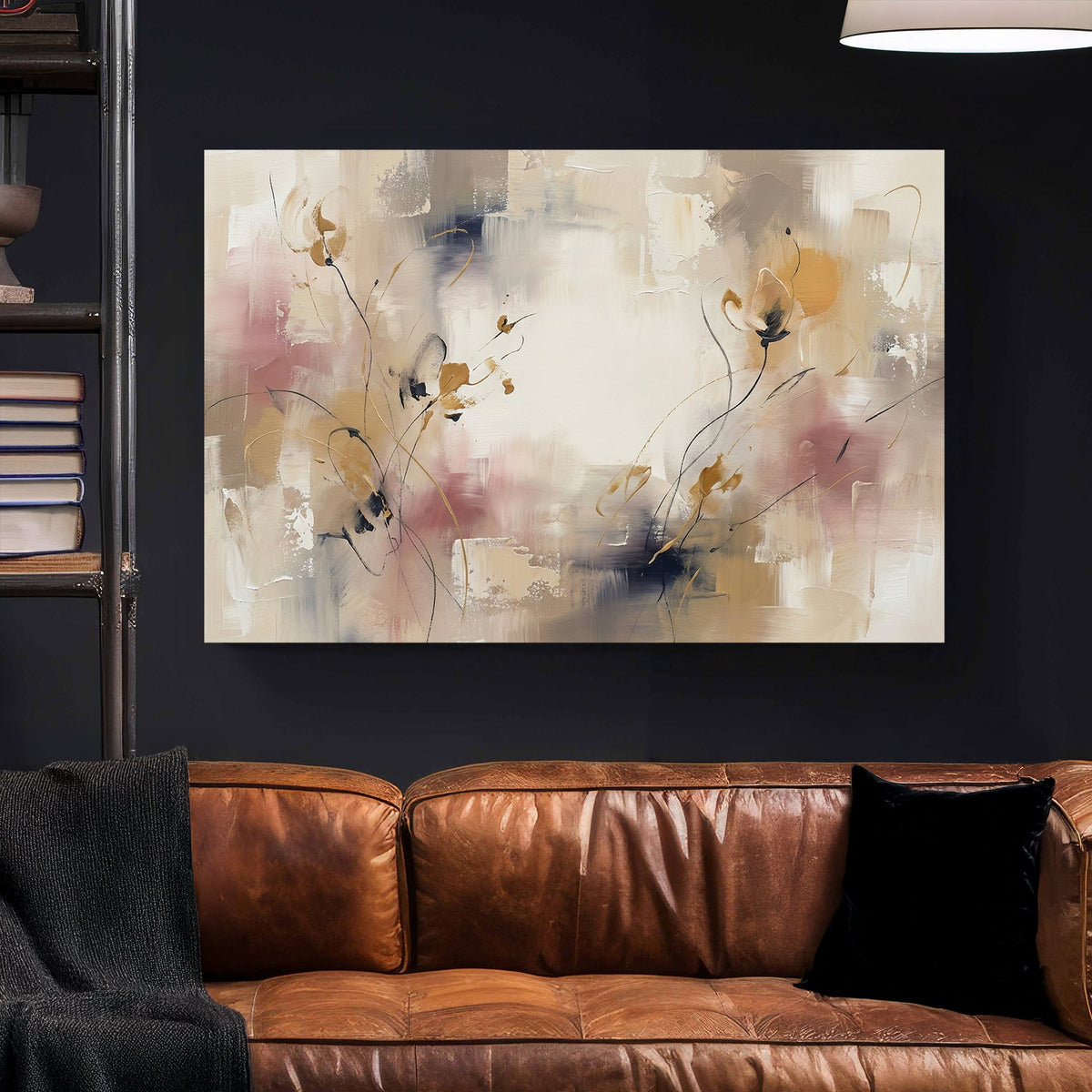 Abstract floral wall art with beige, pink, and neutral tones in a contemporary style.