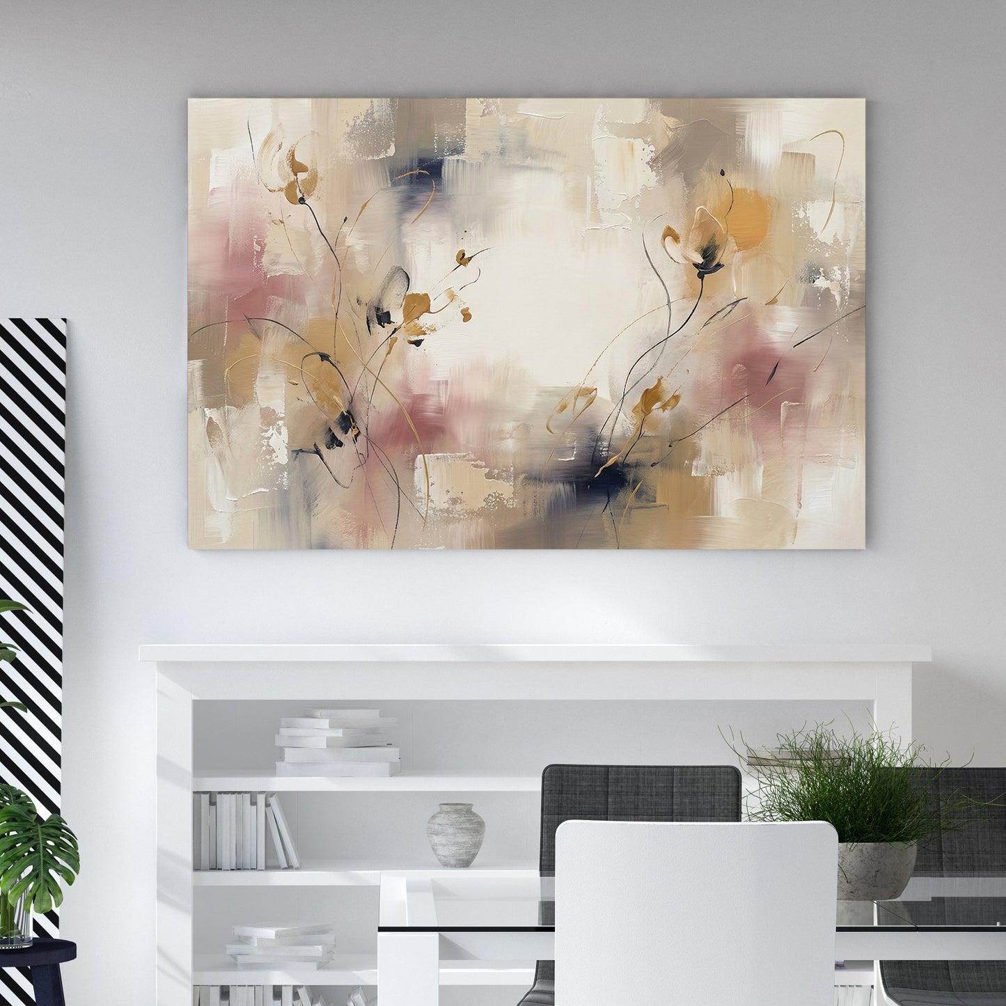 Abstract floral wall art with beige, pink, and neutral tones in a contemporary style.