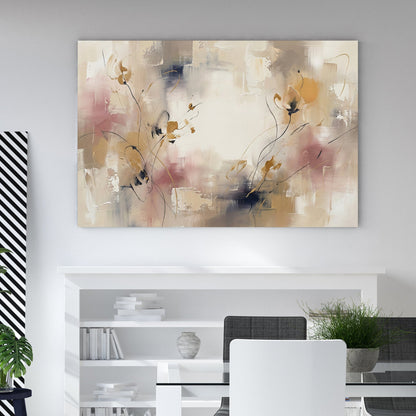 Abstract floral wall art with beige, pink, and neutral tones in a contemporary style.