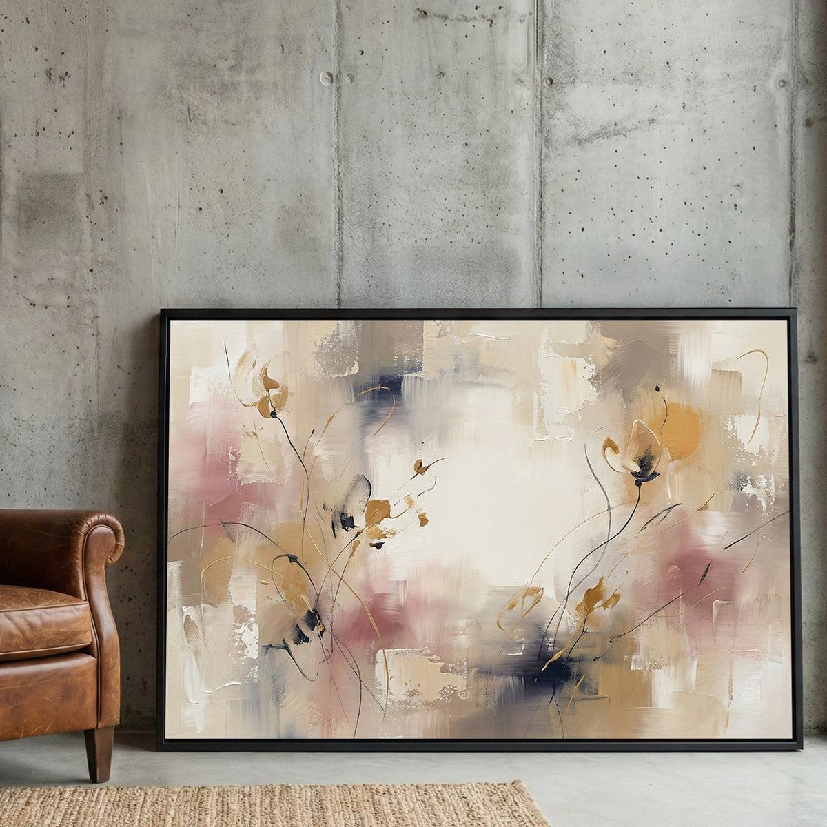 Abstract floral wall art with beige, pink, and neutral tones in a contemporary style.