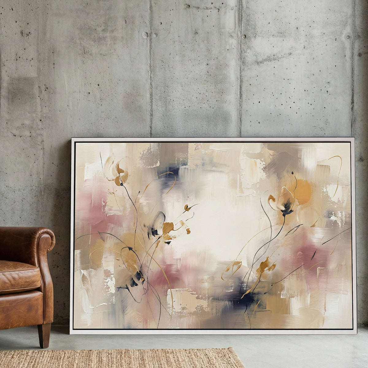 Abstract floral wall art with beige, pink, and neutral tones in a contemporary style.