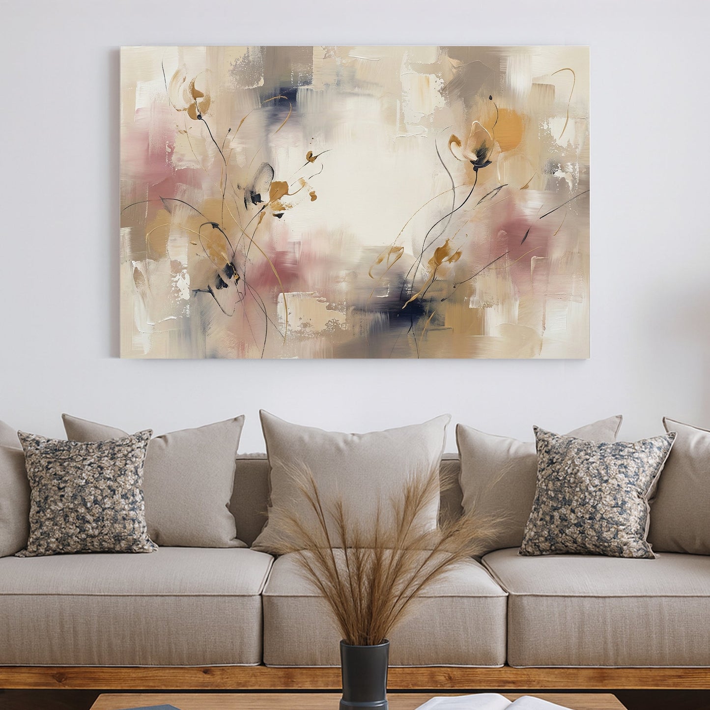 Abstract floral wall art with beige, pink, and neutral tones in a contemporary style.