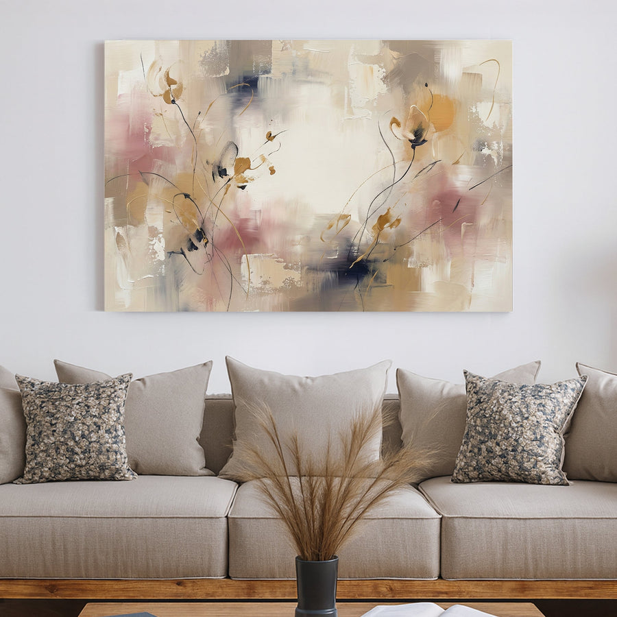 Abstract floral wall art with beige, pink, and neutral tones in a contemporary style.