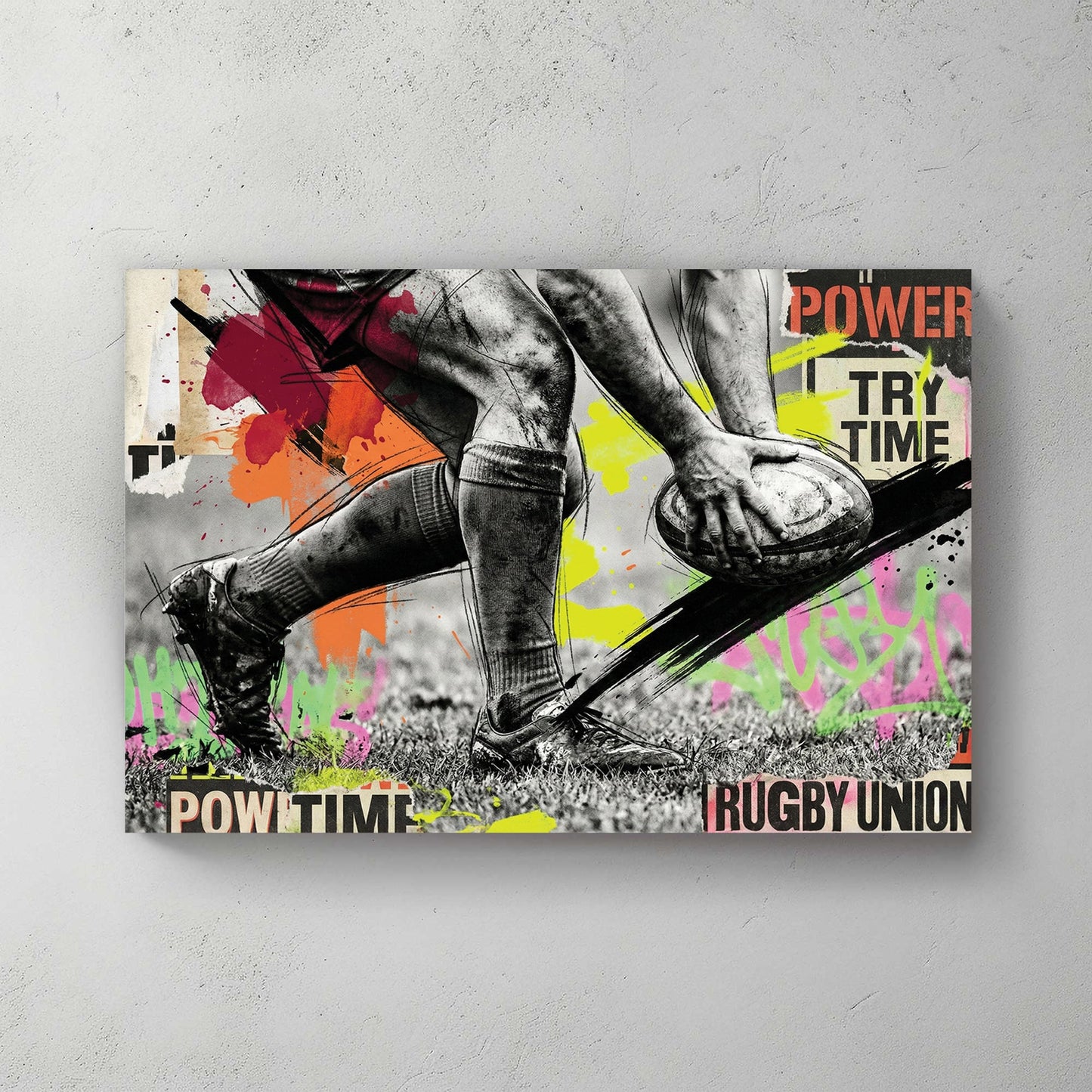 Rugby Union player in action with neon graffiti and motivational typography wall art.