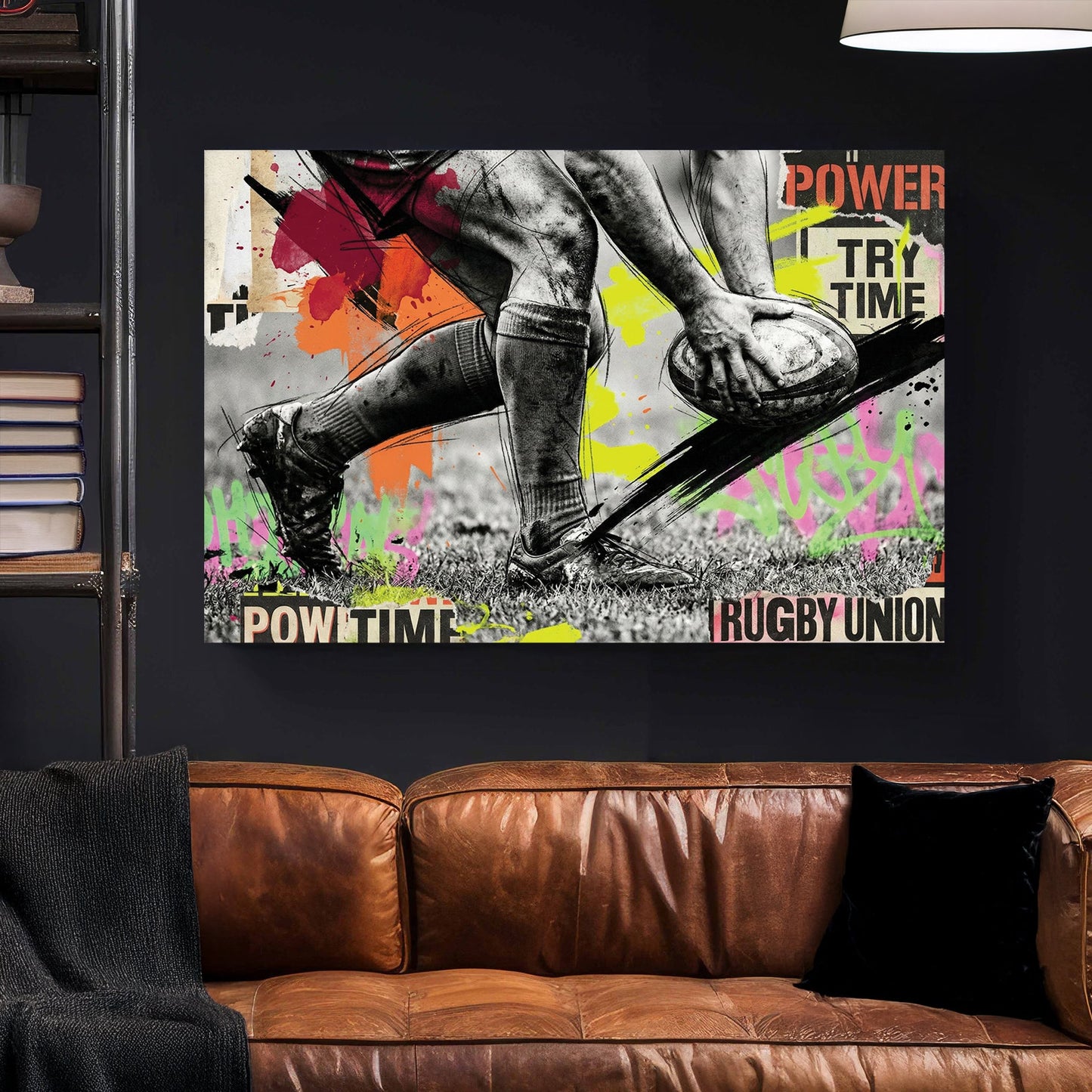 Rugby Union player in action with neon graffiti and motivational typography wall art.