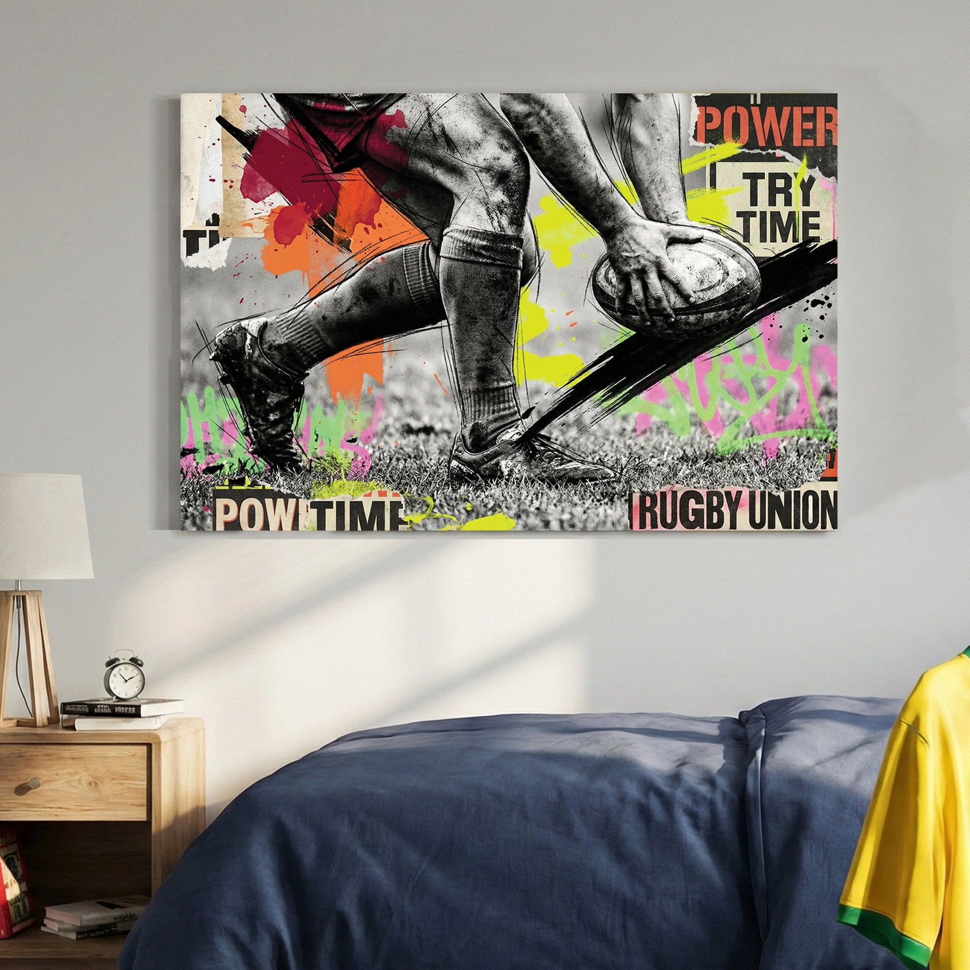Rugby Union player in action with neon graffiti and motivational typography wall art.