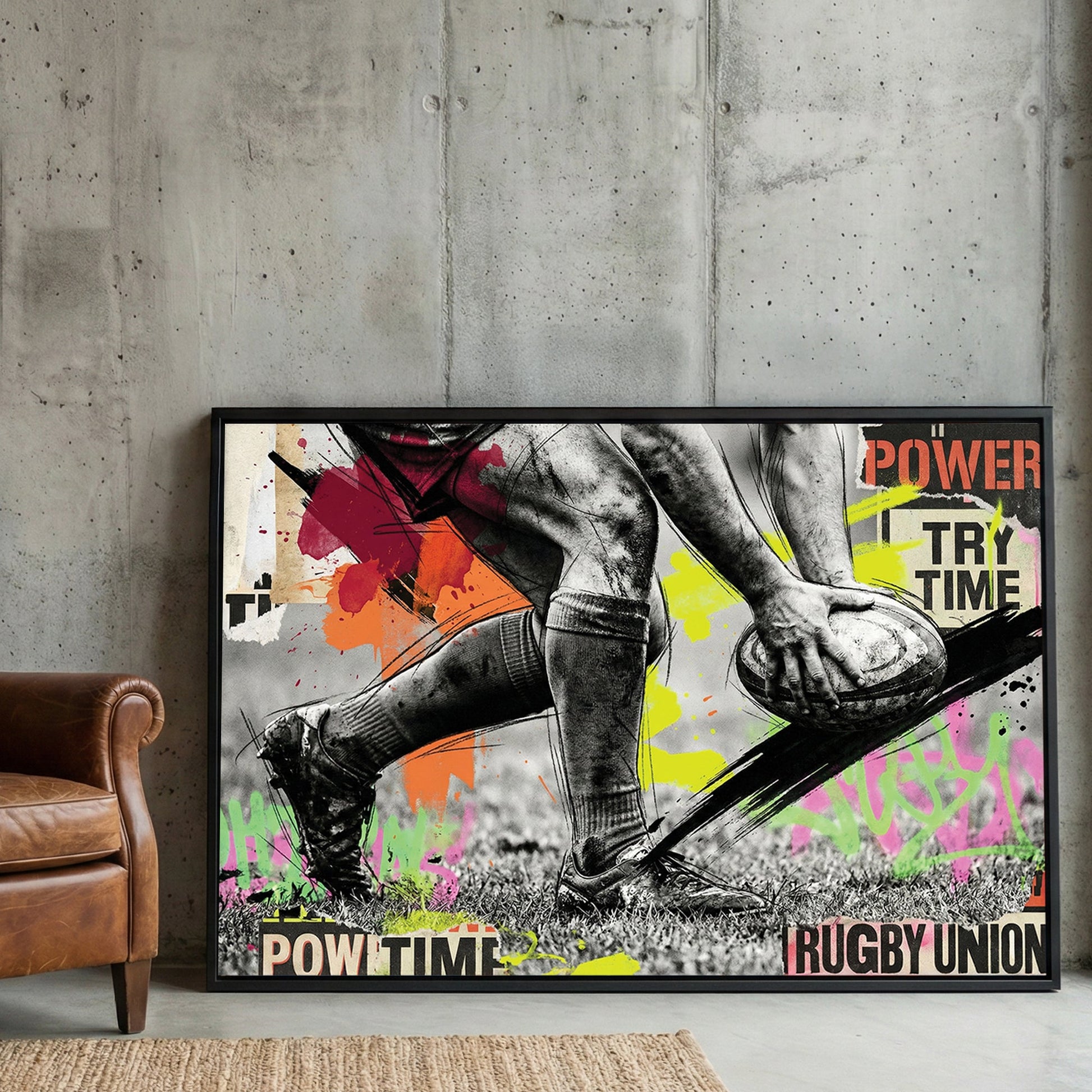 Rugby Union player in action with neon graffiti and motivational typography wall art.