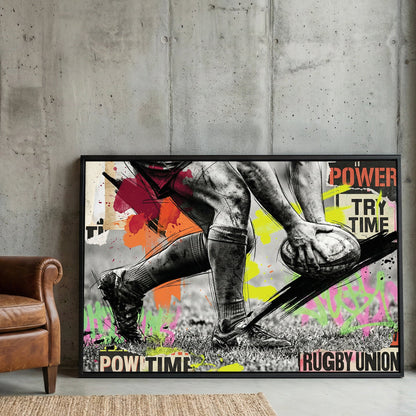 Rugby Union player in action with neon graffiti and motivational typography wall art.