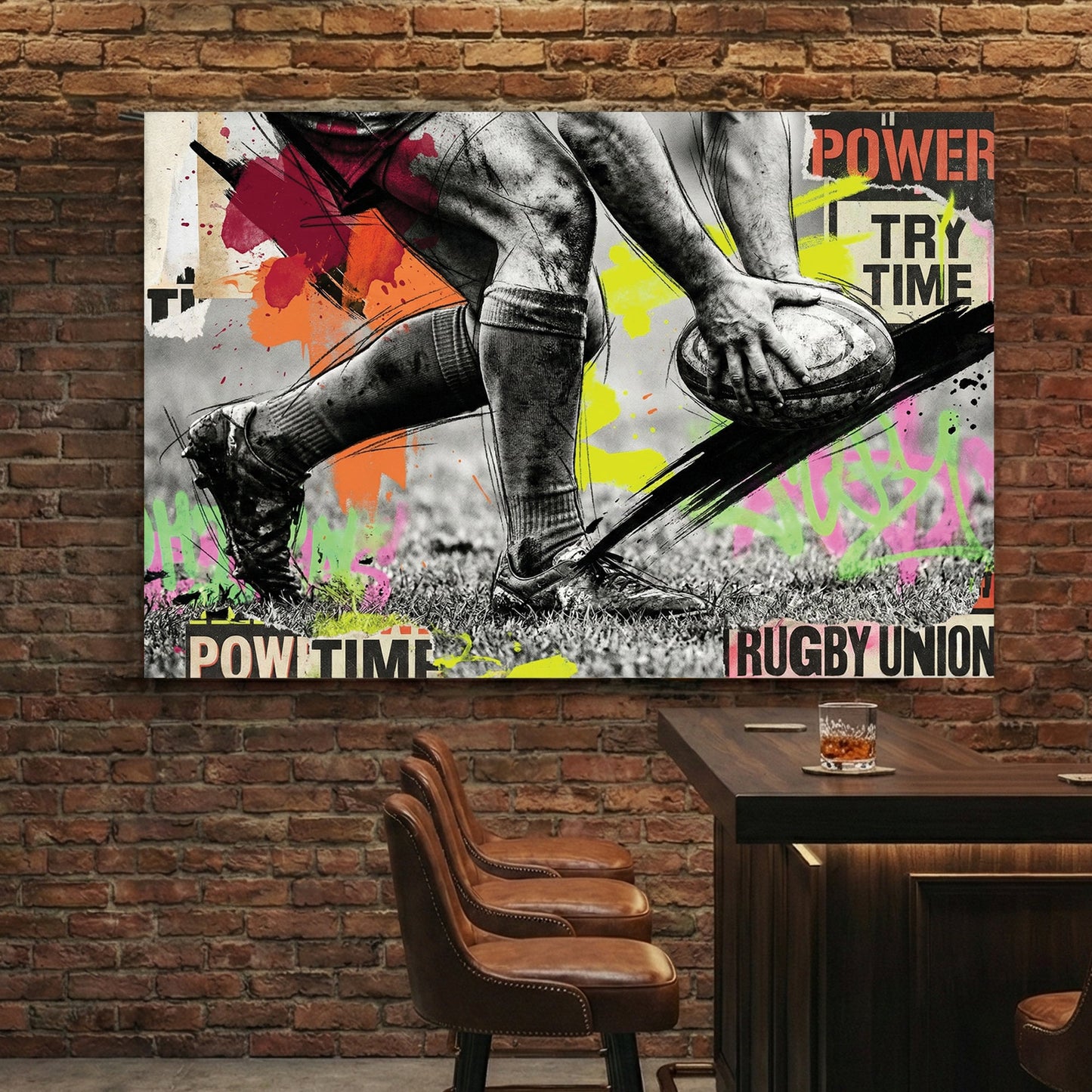 Rugby Union player in action with neon graffiti and motivational typography wall art.