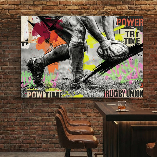 Rugby Union player in action with neon graffiti and motivational typography wall art.