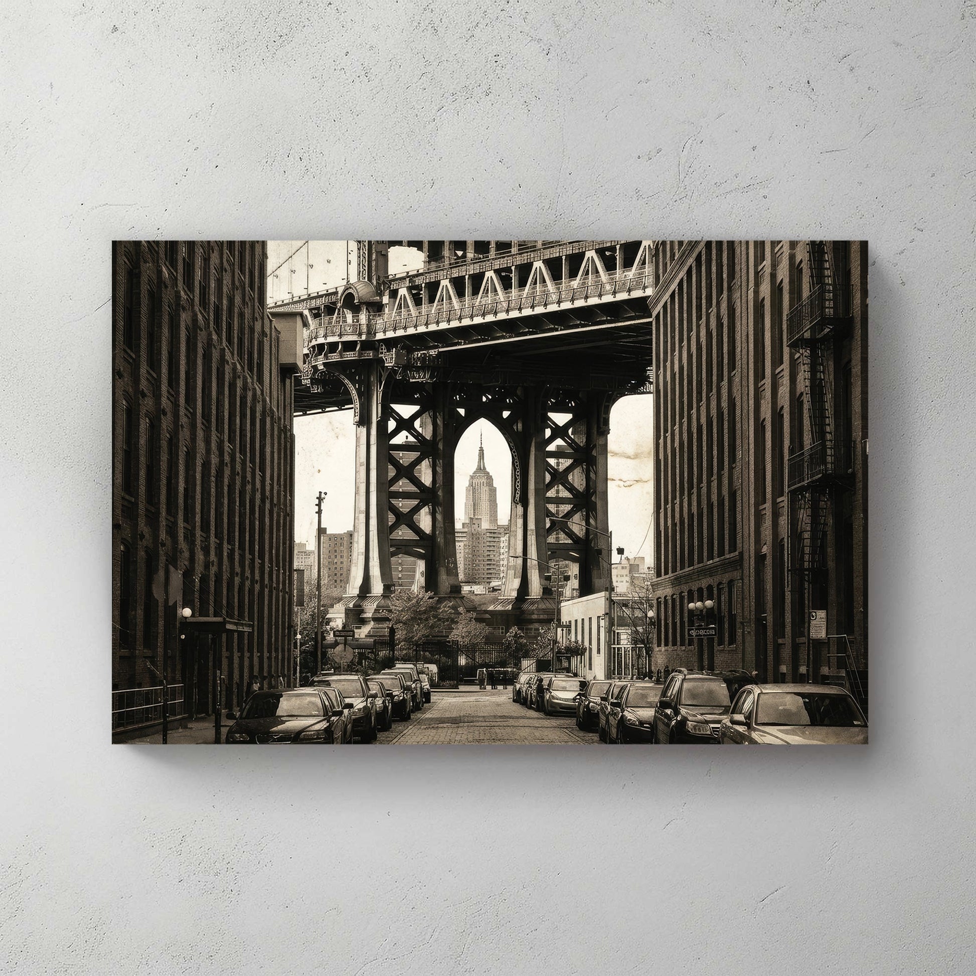 Sepia photography of Manhattan Bridge framing the Empire State Building urban wall art.