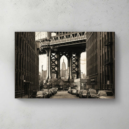Sepia photography of Manhattan Bridge framing the Empire State Building urban wall art.
