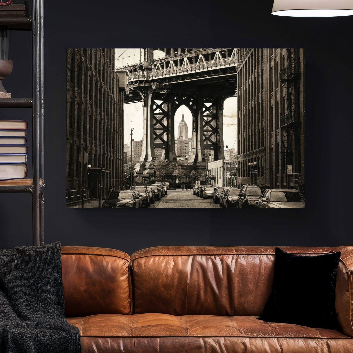 Sepia photography of Manhattan Bridge framing the Empire State Building urban wall art.