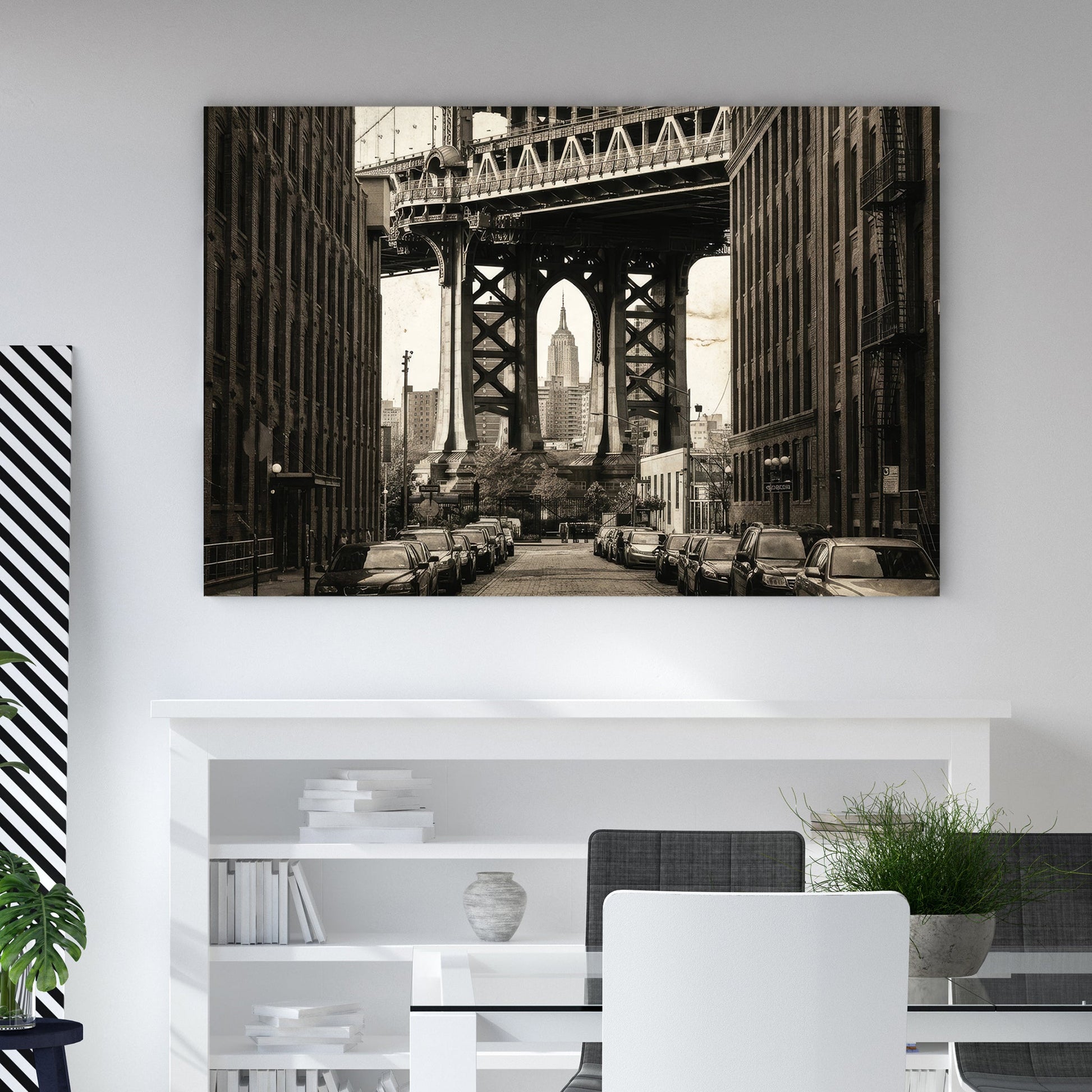 Sepia photography of Manhattan Bridge framing the Empire State Building urban wall art.