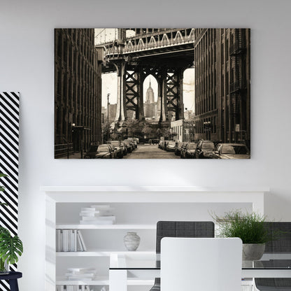 Sepia photography of Manhattan Bridge framing the Empire State Building urban wall art.