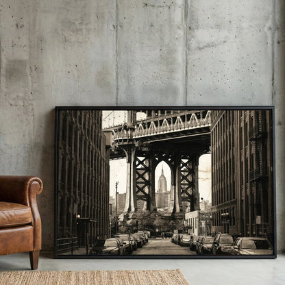 Sepia photography of Manhattan Bridge framing the Empire State Building urban wall art.